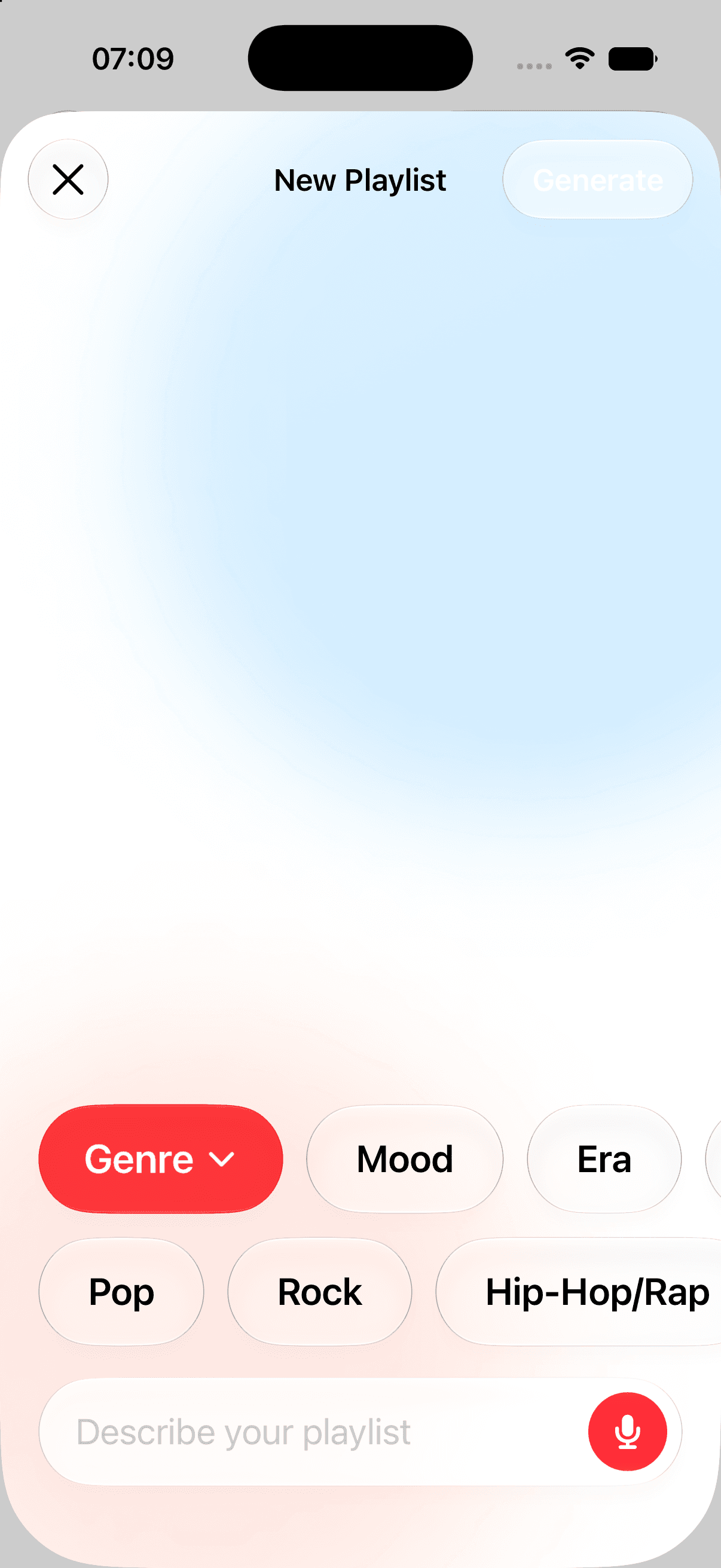 Tela do Music Genie para descrever um pedido musical