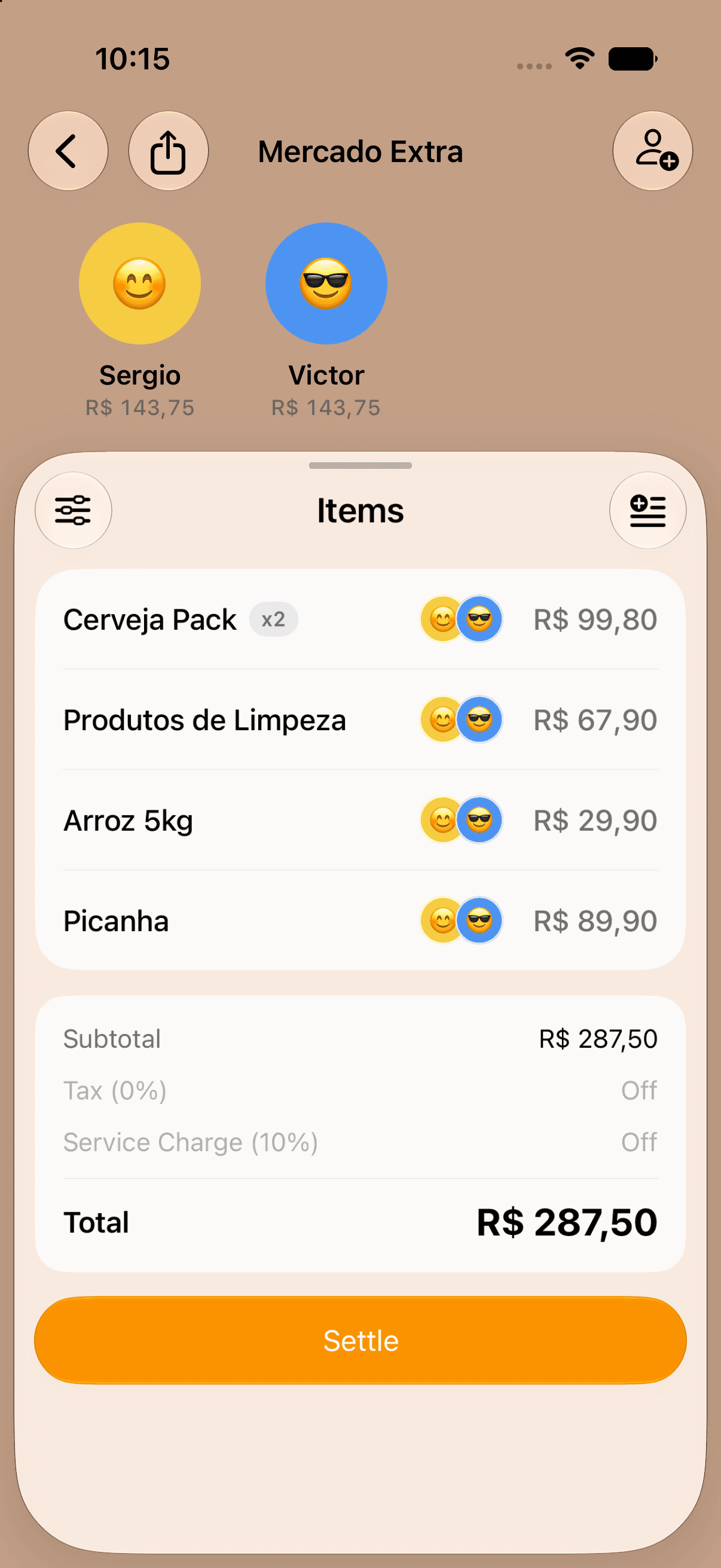 Tela do Split com uma conta e seus itens