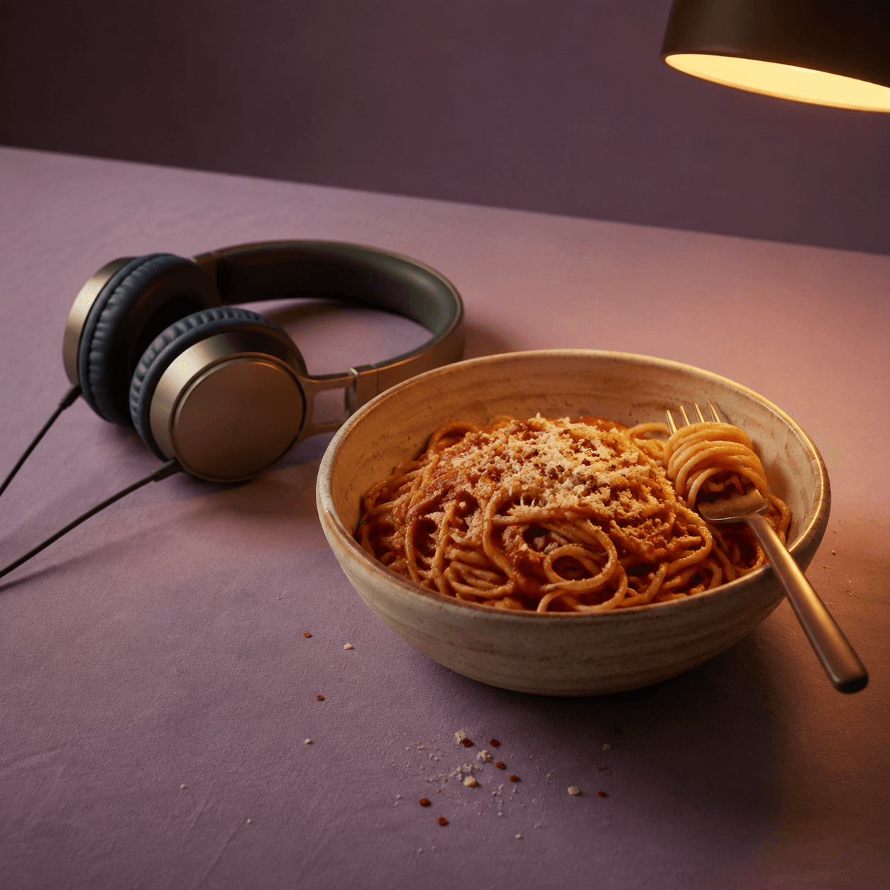 Um prato de macarrão e fones de ouvido sobre uma mesa lilás iluminada por uma luminária